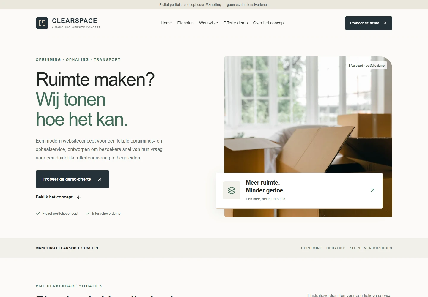ClearSpace homepage met Ruimte maken? Wij tonen hoe het kan en verhuisdozen in een lichte ruimte.