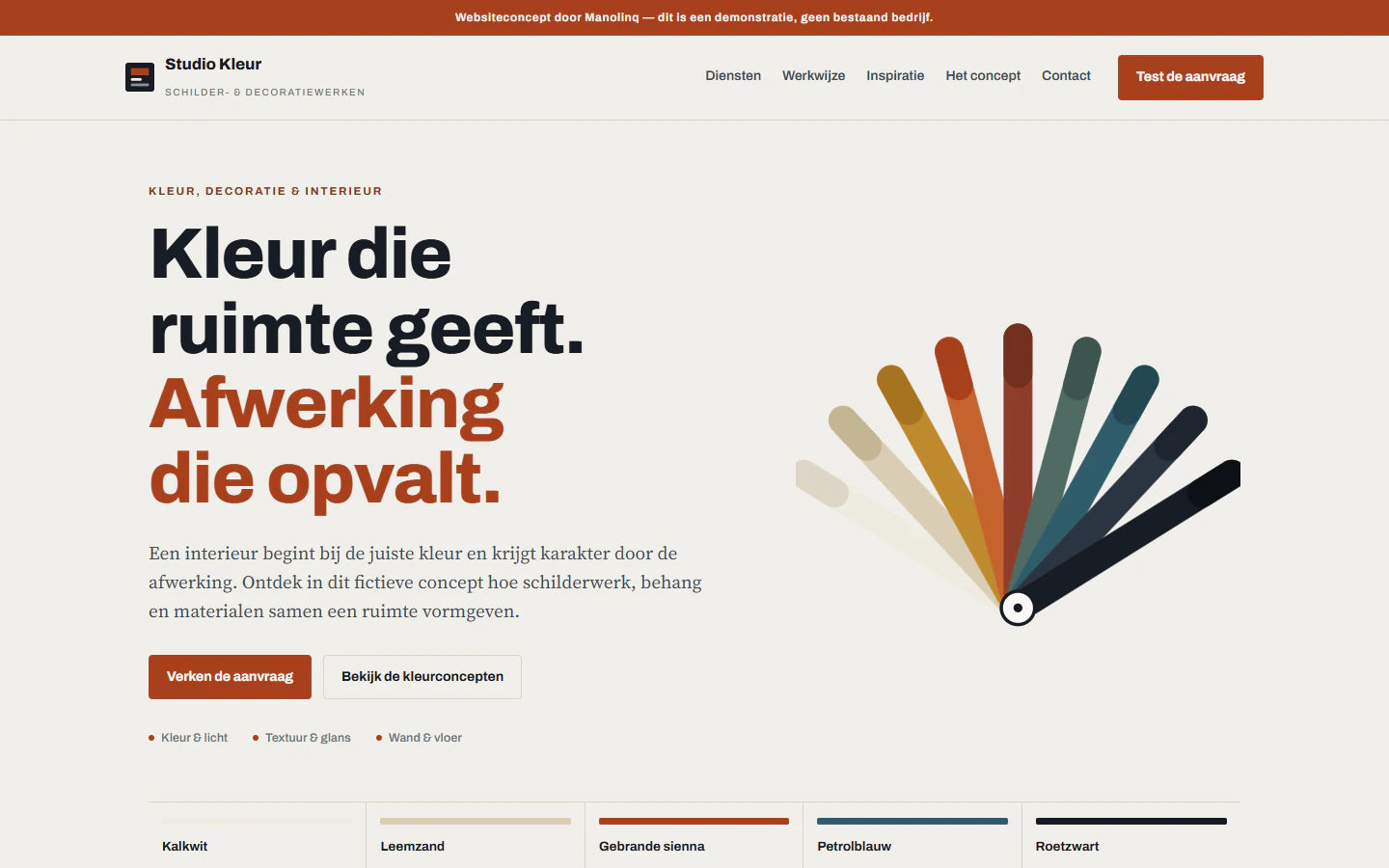 Desktopweergave van Studio Kleur met de titel Kleur die ruimte geeft en een waaier van kleurstalen.