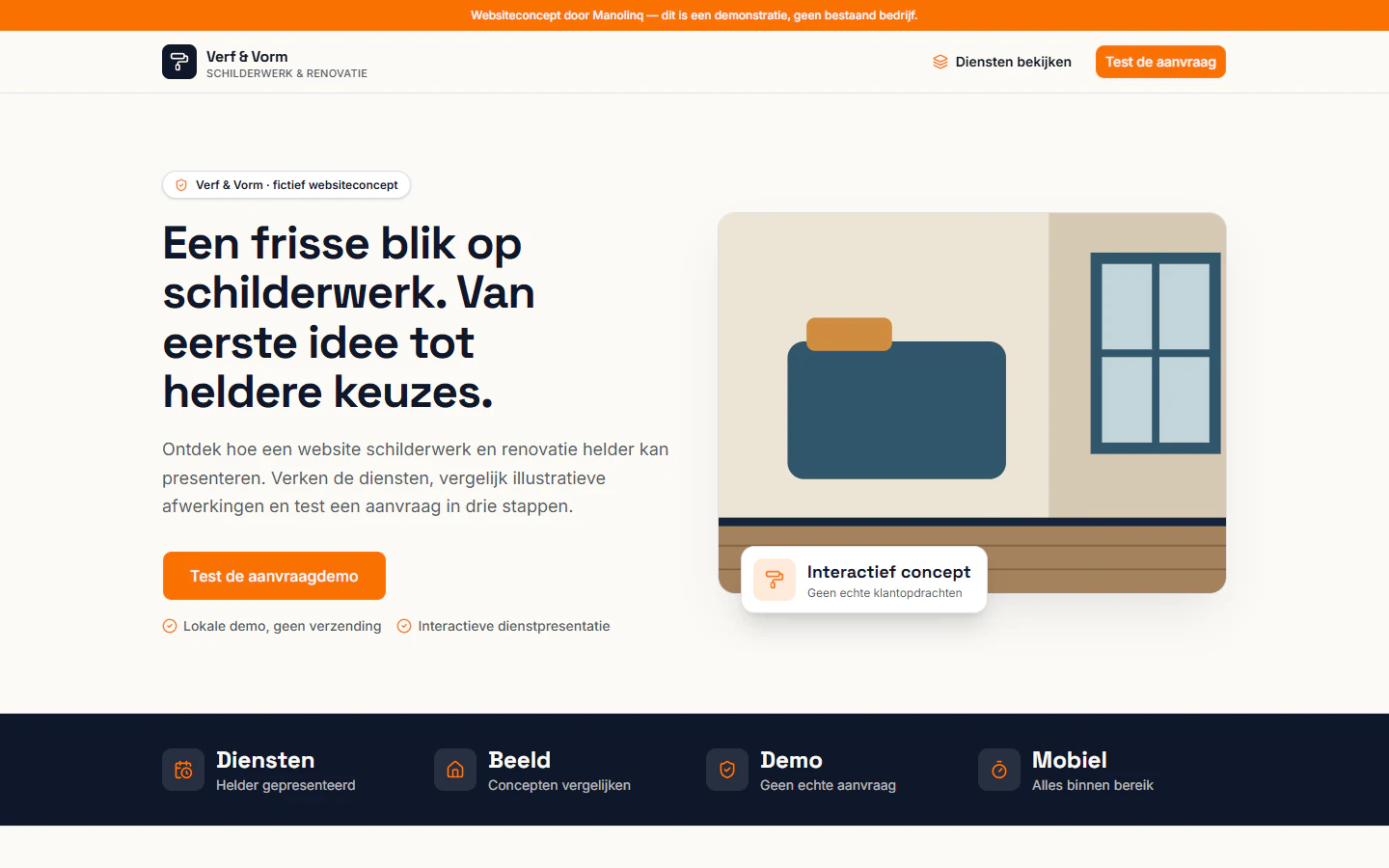 Desktopweergave van Verf & Vorm met de titel Een frisse blik op schilderwerk en een geïllustreerd interieur.